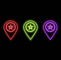A neon GPS status on a black background map pin icon.neon blue. Glowing neon sign, outline pointer pictogram. vector