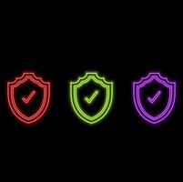 Glowing neon line shield with check mark icon isolated on brick wall background. Safety, security, privacy concept. Check mark passed. Colorful outline concept. vector