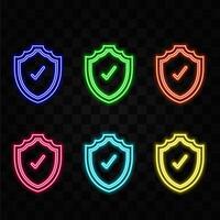 Glowing neon line shield in hand icon isolated on black background. Concept of insurance. Guard sign. Safety, security, safety, privacy concept. Colorful outline concept. vector