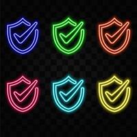 Checkmark. Glowing neon icon on brick wall background. neon style. vector