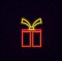 Glowing neon line Gift box icon isolated on black background. Merry Christmas and Happy New Year. Vecto vector