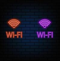 Free wifi sign, connection, glow neon blue text, on the background of the brick wall, for disco, bar vector