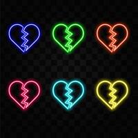 Glowing neon line Broken heart or divorce icon isolated on brick wall background. Symbol of love. Valentine's Day. Colorful outline concept. vector