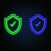 Glowing blue neon line shield with check mark icon on black background. Symbol of protection. Security check icon. Check the approved icon. blue color. vector