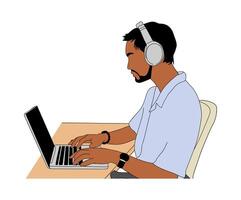 Male Technical Support Operator Wearing Headset with Laptop. Customer Service Call Center representative. Young Black man sitting at the desk. vector