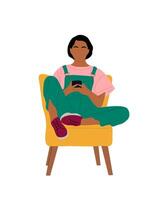 Girl sitting in armchair, using gadget isolated. vector