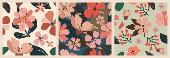 Set of cherry blossom flowers seamless patterns. vector