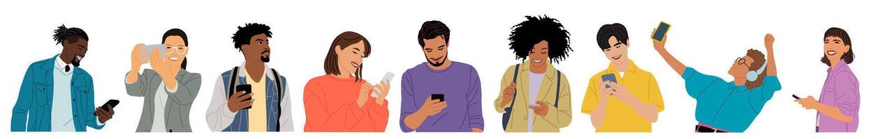 Set of different people using mobile phone vector