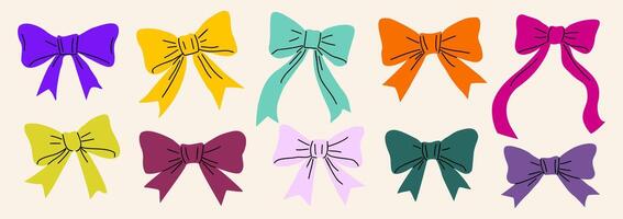 Different colorful decorative ribbon bows set. Holiday sign collection. vector