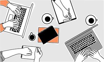 A group of people are sitting around a table. vector