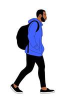 Black man with backpack walking side view. vector