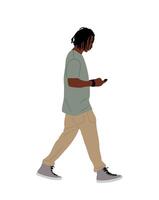 Black guy walking side view, using mobile phone. vector