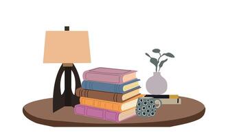Composition with stack of books, table lamp, mug. vector