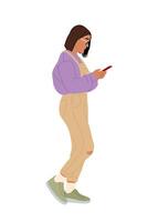 Young woman standing side view with mobile phone. vector