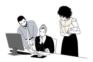 Business people sitting at desk with computer monitor in office. Productive teamwork business concept vector