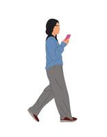 Young woman walking with mobile phone side view. vector