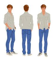Young man in casual clothes standing full length front, rear, side view. vector