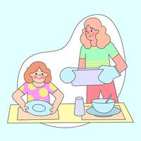 Mother and Child Sharing Table Setting at Dinner Time vector