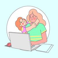Working Mother Balancing Remote Work and Childcare at Home vector