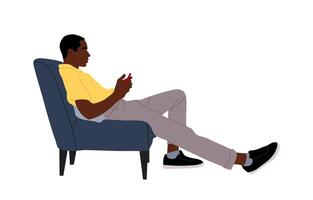 Black Guy sitting in armchair, using smart phone. vector