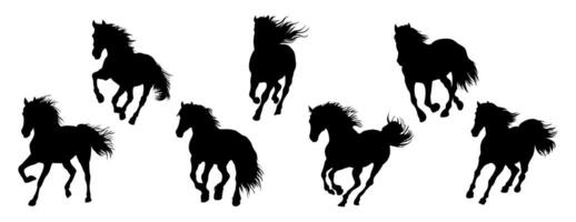 Set of running wild horse black silhouettes. vector
