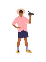 Man tourist standing with camera isolated. vector