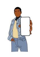 Person showing big smartphone with empty blank screen. Mobile, online offer, promotion. Phone mockup vector