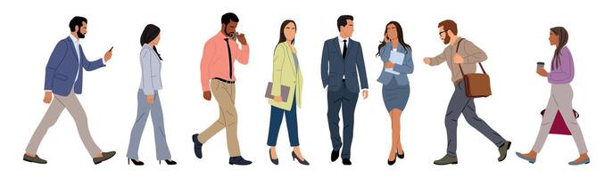Set of Various business people walking side view. vector