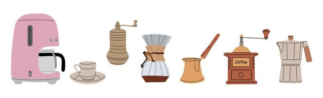 Set of coffee elements, machine, cup, kettle, pot. vector