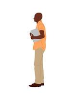 Black Business man standing side view with laptop. vector