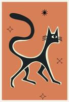 Retro poster with cute black cat art. vector