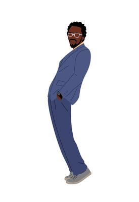 Black business man character standing side view.