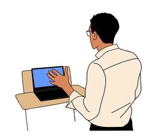Business man doing presentation standing behind the desk with laptop. Business education, staff learning concept. vector