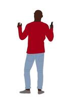 Black man standing rear view with mobile phone. vector