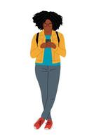 Modern black woman using mobile phone isolated. vector