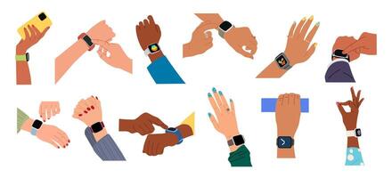 Different hands wearing smart watch on wrist. vector