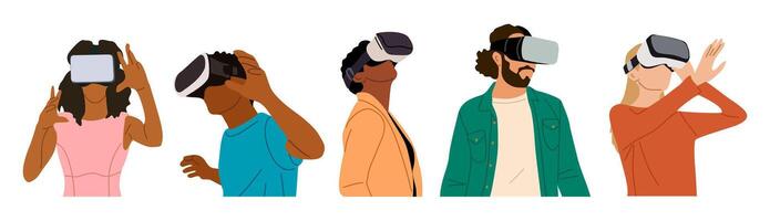 Set of diverse people in virtual reality headset. vector