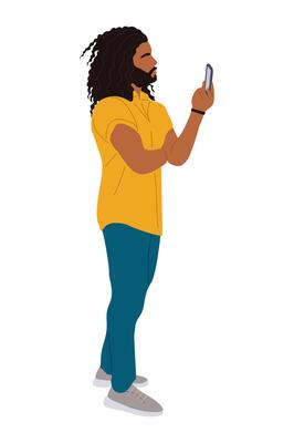 Authentic Business man holding smartphone, texting, talking, watching news. Handsome male character in casual clothes