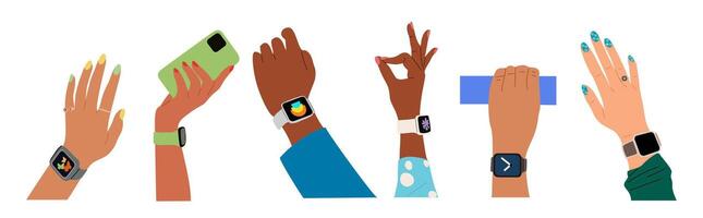 Different hands wearing smart watch on wrist. vector