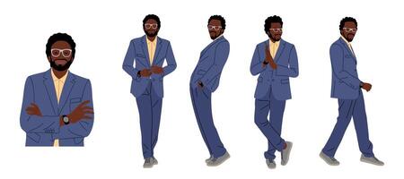 Black business man character in different poses. vector