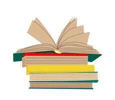 Stacks of books for reading with open book. vector