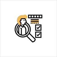 A magnifying glass icon with a person looking at a checklist vector