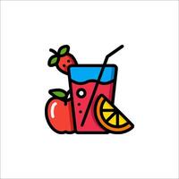 A drink with fruit and a straw is shown in a line vector