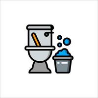 A toilet and a bucket of water are shown in a line vector