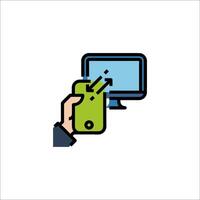 A hand holding a phone and a computer monitor vector