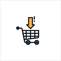 A shopping cart with an arrow pointing down vector