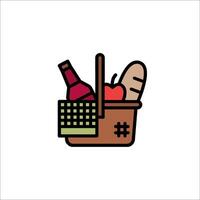 A basket with food and a bottle of wine vector