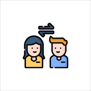 Two people are looking at each other with an arrow pointing to the left vector