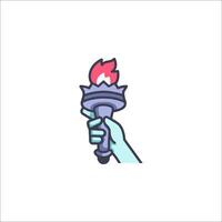 A hand holding a torch with a flame in it vector