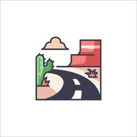 A desert road with cactus plants and mountains vector